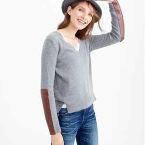 J Crew, NWT, Wool-Blend, 100% Leather Patches, M, Gray V-Neck Sweater